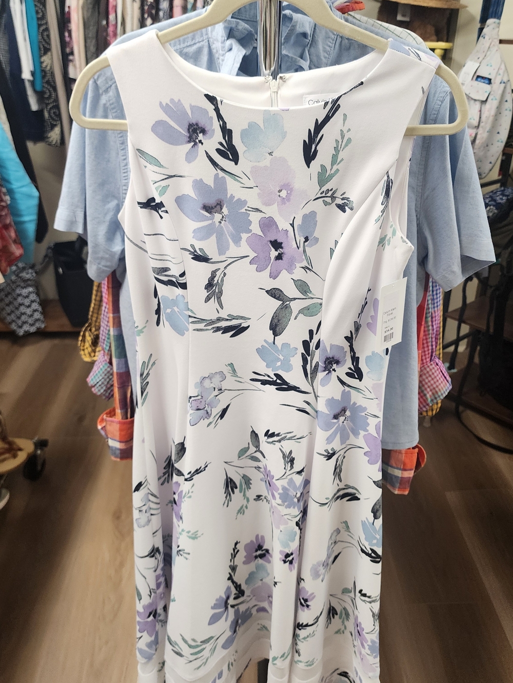 Calvin Klein White Midi Dress with Lavender and Light Blue Floral Print